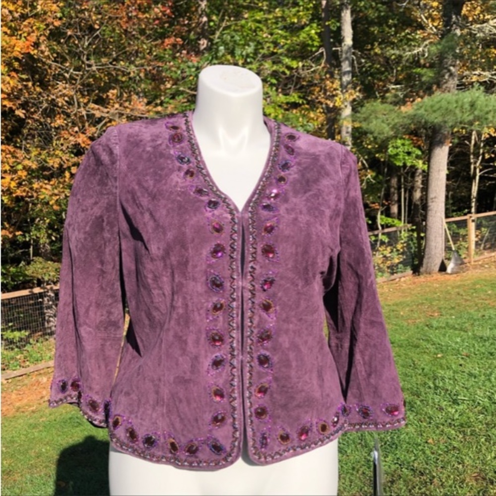 Adrienne Landau purple lined beaded suede hook closure jacket size L NWT